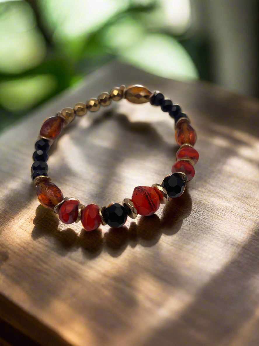 Red & Black Stretch Bracelet with Golden Accents-7293