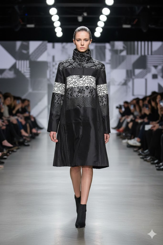 Oopera Mixed Media Pleated Artistic Coat-C2348-1-BLK