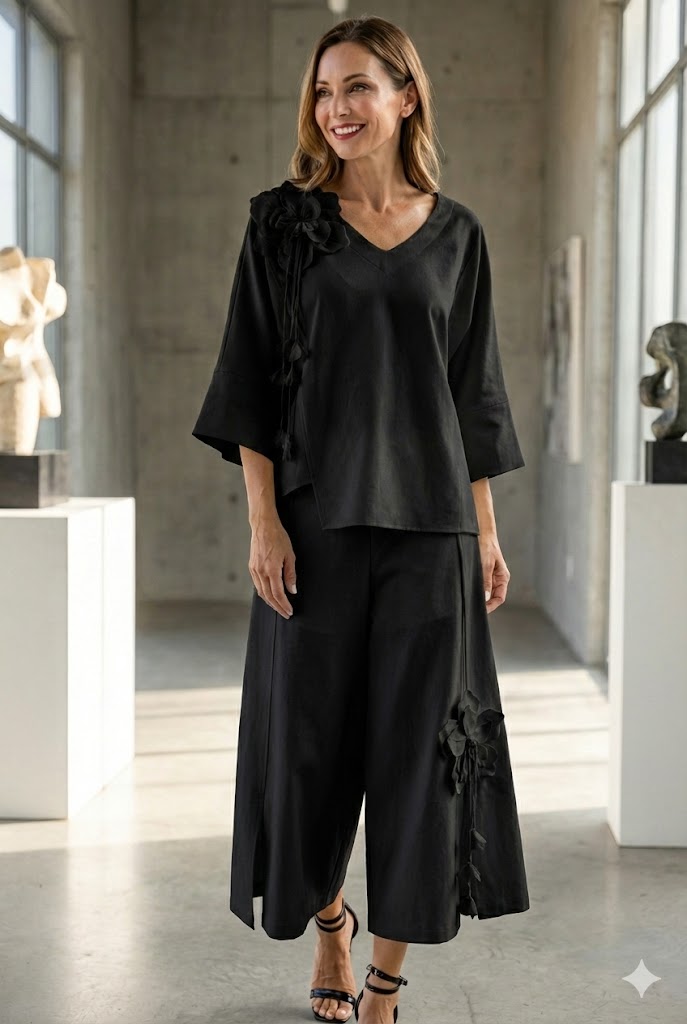 IC Collection Floral Appliqué V-Neck Top-7850T