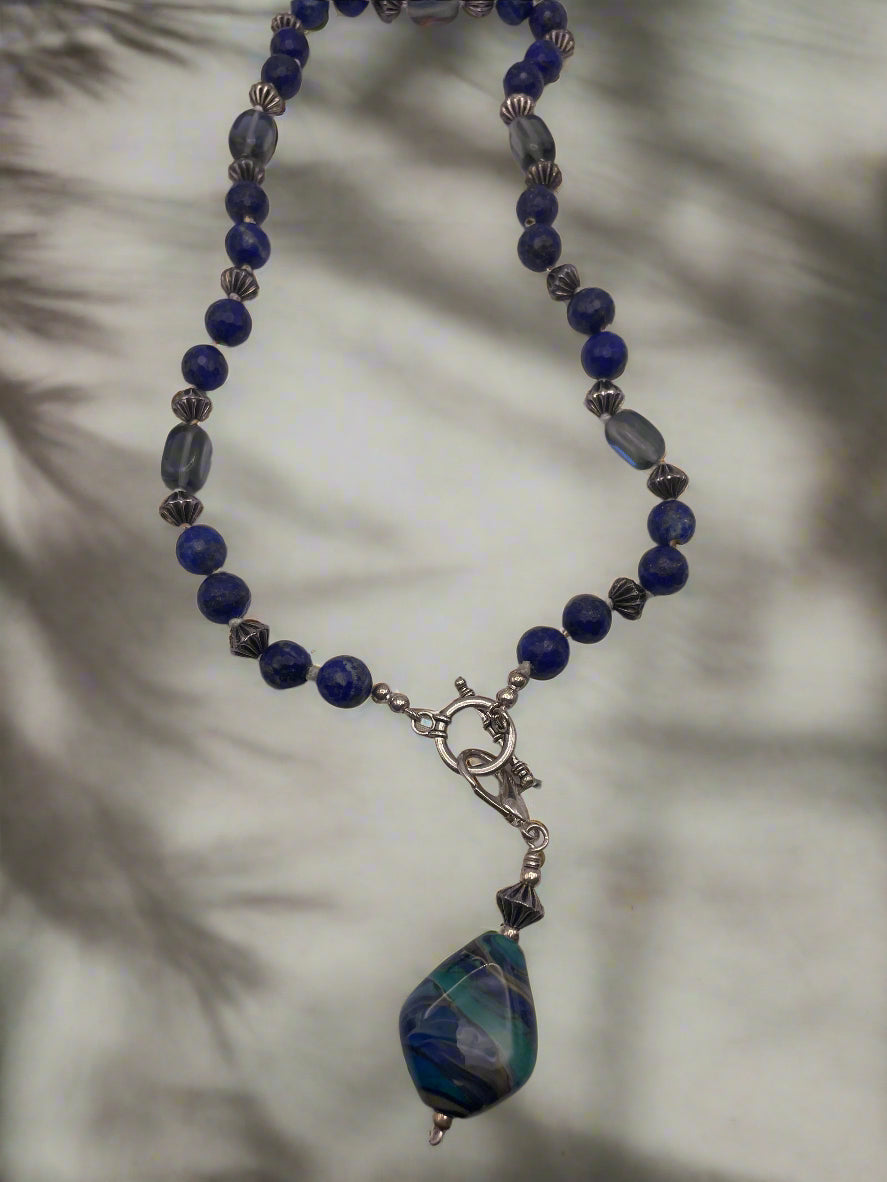 Blue Beaded Necklace with Silver Accents and Marbled Pendant-NKL-051