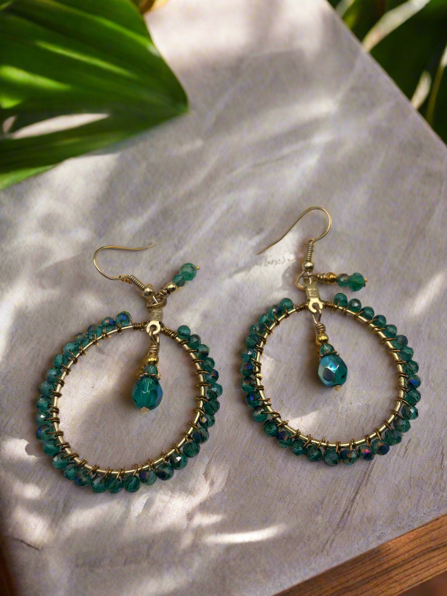 Emerald Green Beaded Hoop Earrings-9835