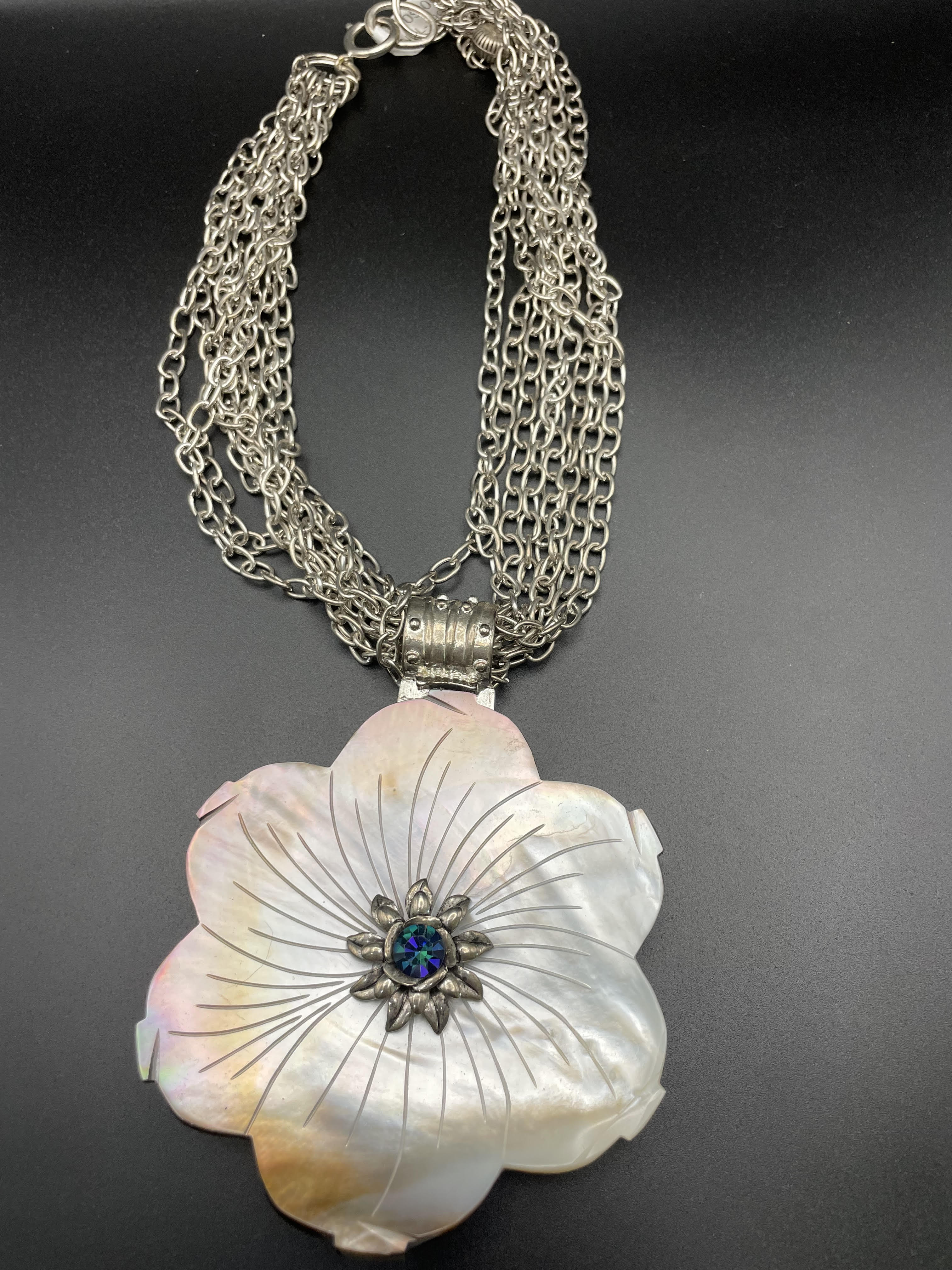 Mother of Pearl Flower and Swarvoski Chain Necklace-NKL-1998