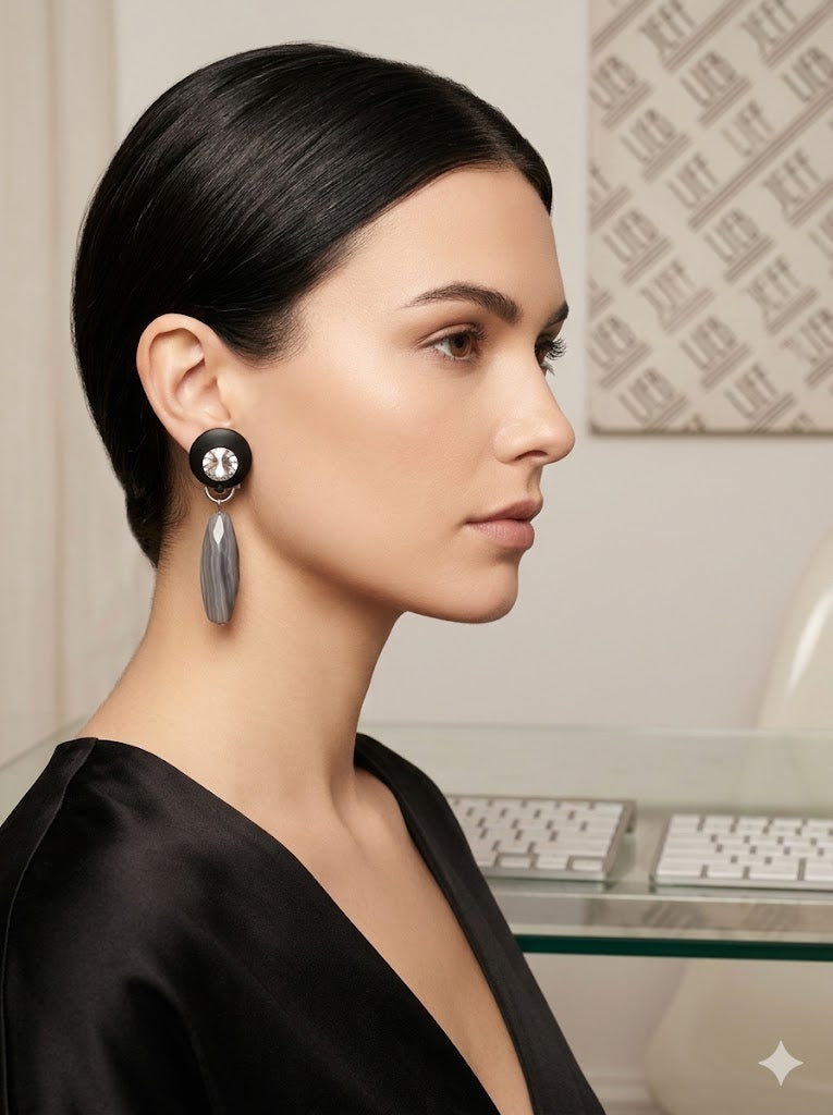 Jeff Lieb Crystal & Gray Stone Drop Statement Earrings-44548E