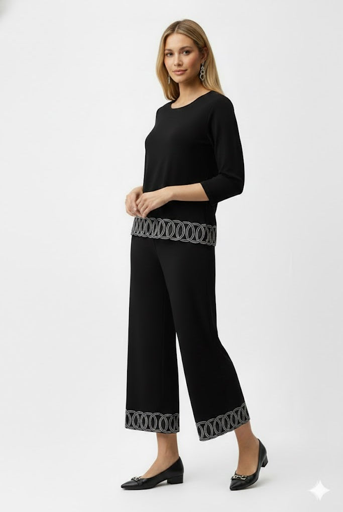 Joseph Ribkoff Silky Knit Pull-On Culotte Pants With Guipure Detail | Unique Apparel USA