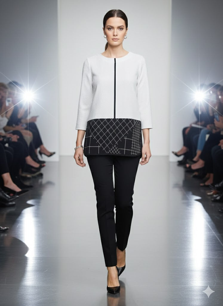 Moonlight Black and White Geometric Contrast Blouse-4209