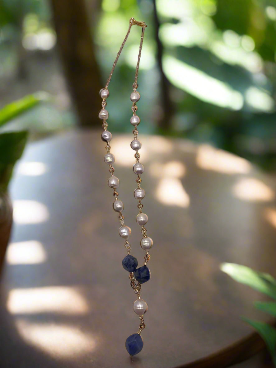 LPL Freshwater Pearl and Blue Gemstone Drop Necklace-2257-N