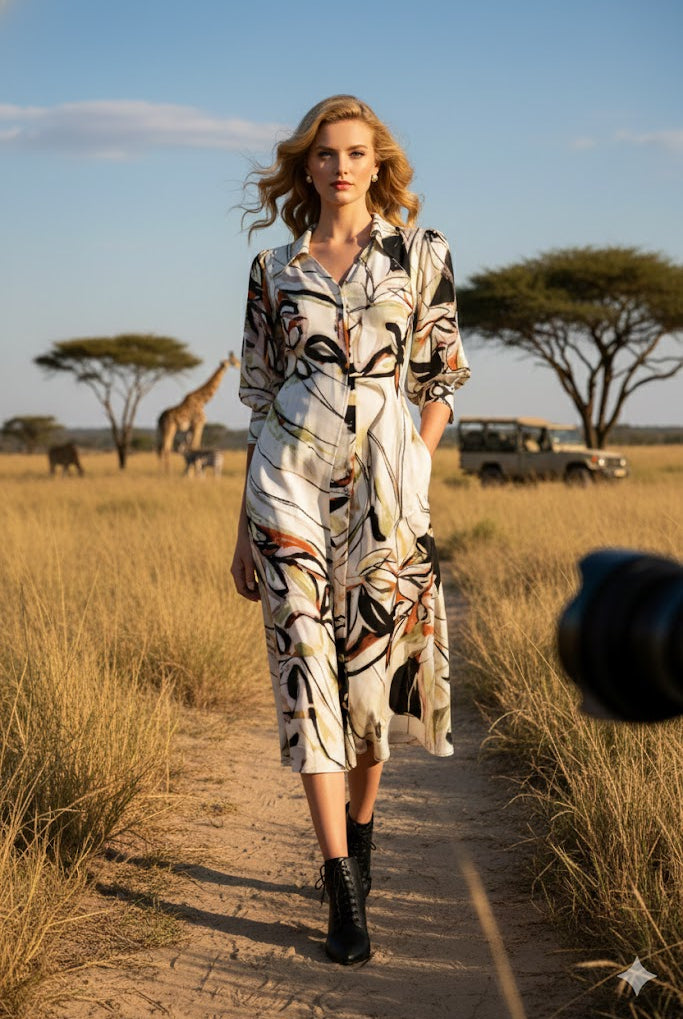 IC Collection Abstract Puff Sleeve Midi Dress | Unique Apparel USA