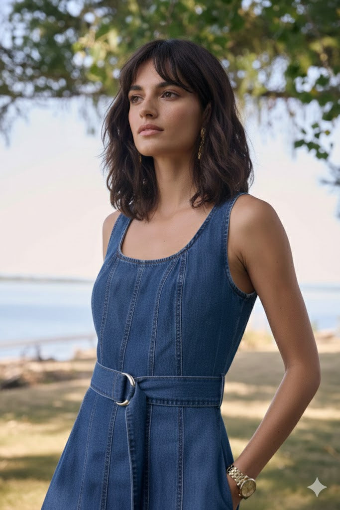 Joseph Ribkoff Denim Fit And Flare Midi Dress With Belt-262901