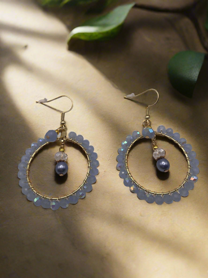 Blue Beaded Hoop Earrings with Pearl Drop-9825
