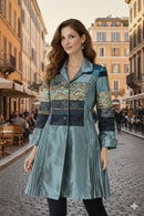 Oopera Mixed Media Pleated Artistic Coat-C2348-3-BLU