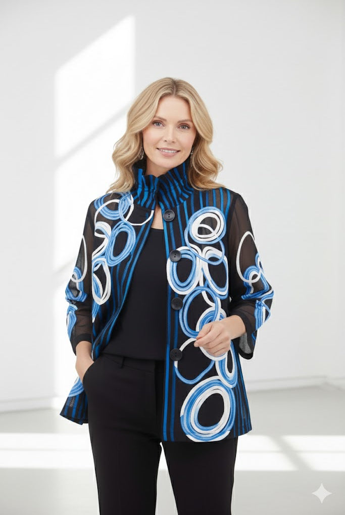 Joseph Ribkoff Satin And Mesh Soutache Jacket With Bell Sleeves | Unique Apparel USA