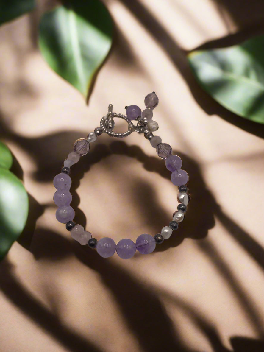 Amethyst & Pearl Charm Bracelet with Toggle Clasp-9602