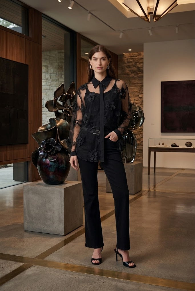 Joseph Ribkoff Sheer Textured Flower Appliqué Blouse-264945