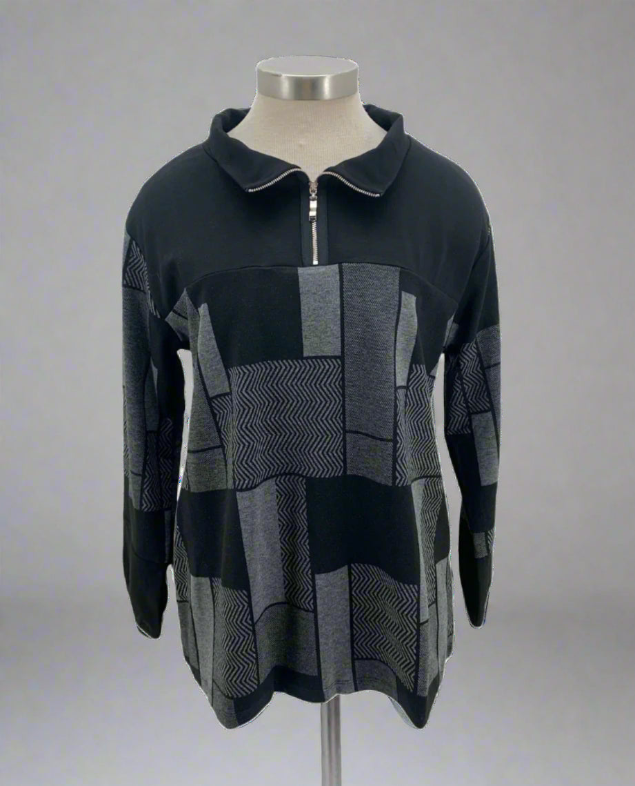 By JJ Ponte Zip Henley Patchwork Top- SS-118