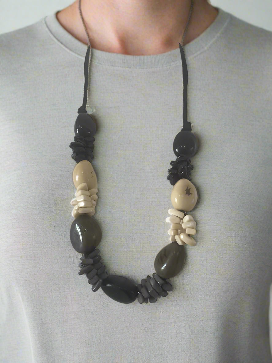 Tagua Chunky Beaded Statement Necklace in Neutral Tones-15001