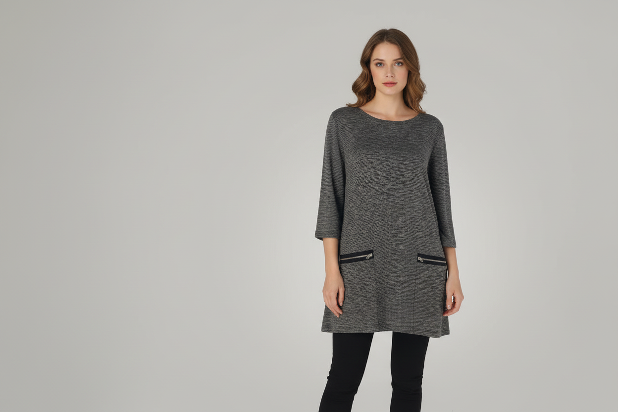 COMFY USA Heather Gray Long Sleeve Tunic with Zipper Pocket Detail-WM745SD