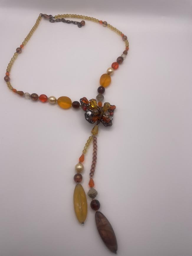 Butterfly Statement Necklace with Amber-Style Beads-8889