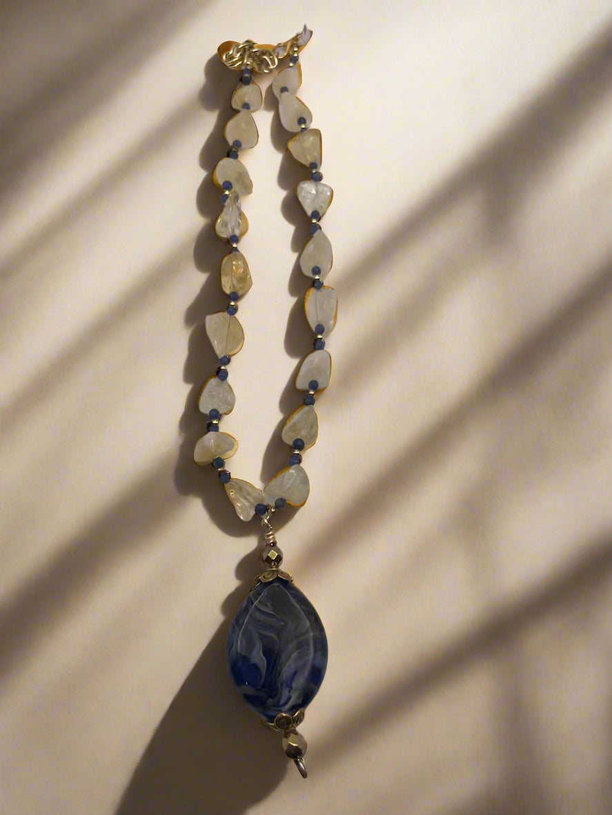 Beaded Necklace with Blue Marbled Pendant-NKL-041