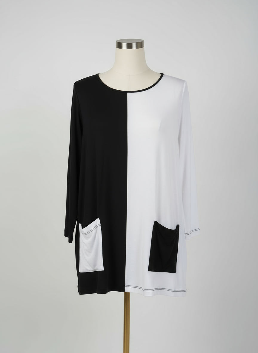 COMFY USA Black and White Color Block Tunic with Front Pockets-M887