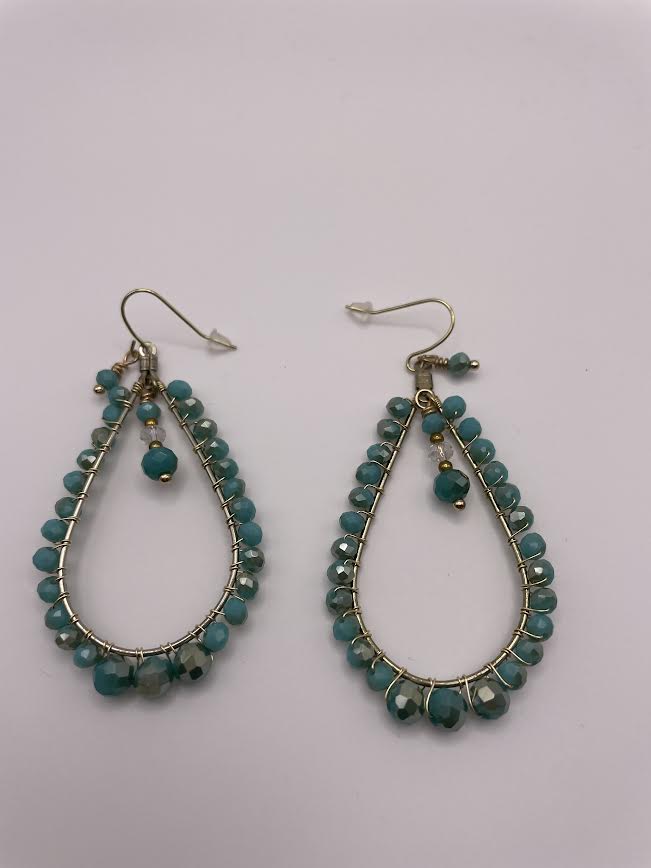 Teardrop Hoop Earrings with Turquoise Beads-0173