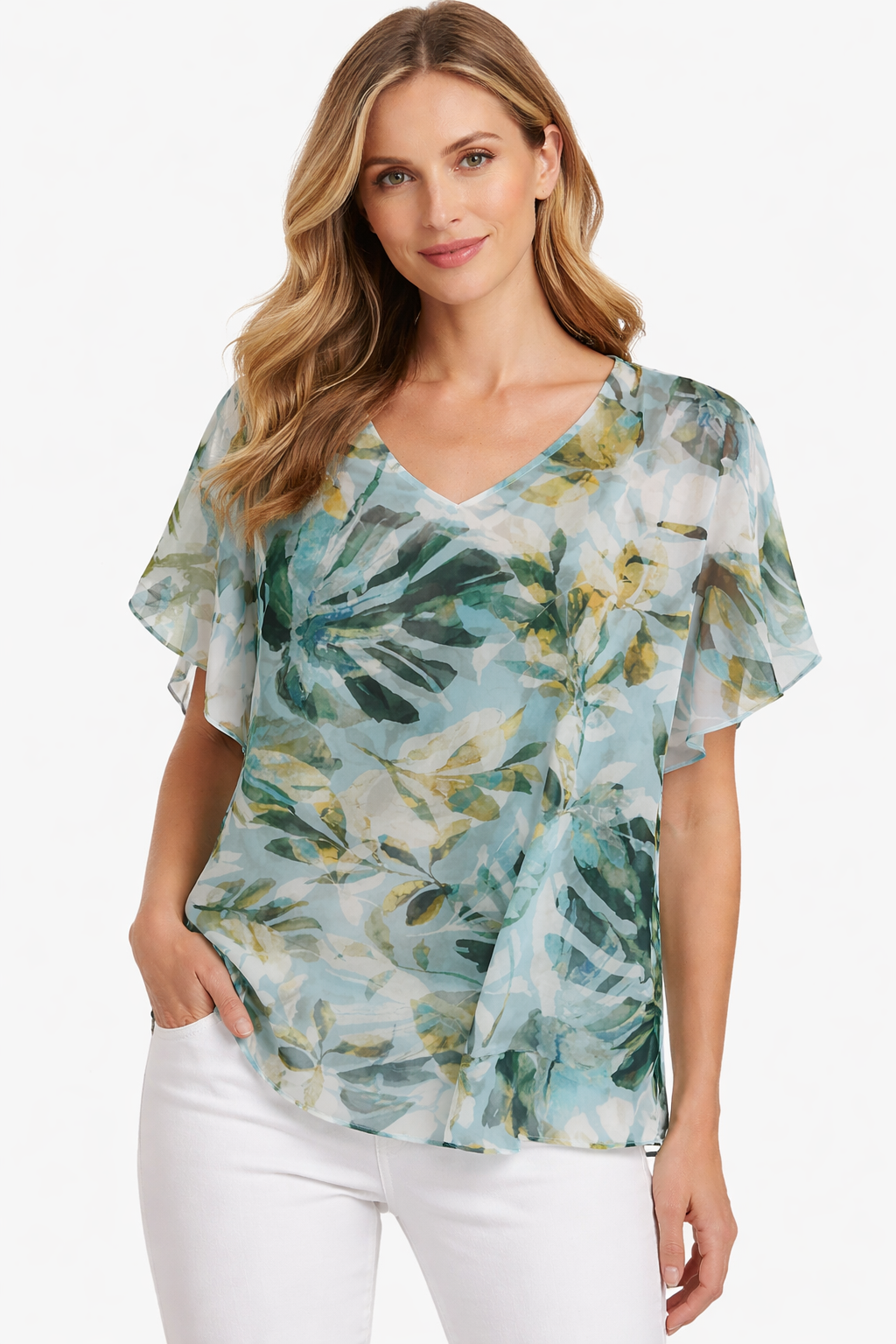 Joseph Ribkoff Soft Teal Tropical Print Top Style 221077
