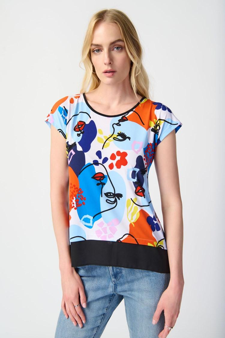 Joseph Ribkoff Vanilla/Multi Face Print Georgette Trapeze Top | Unique Apparel USA