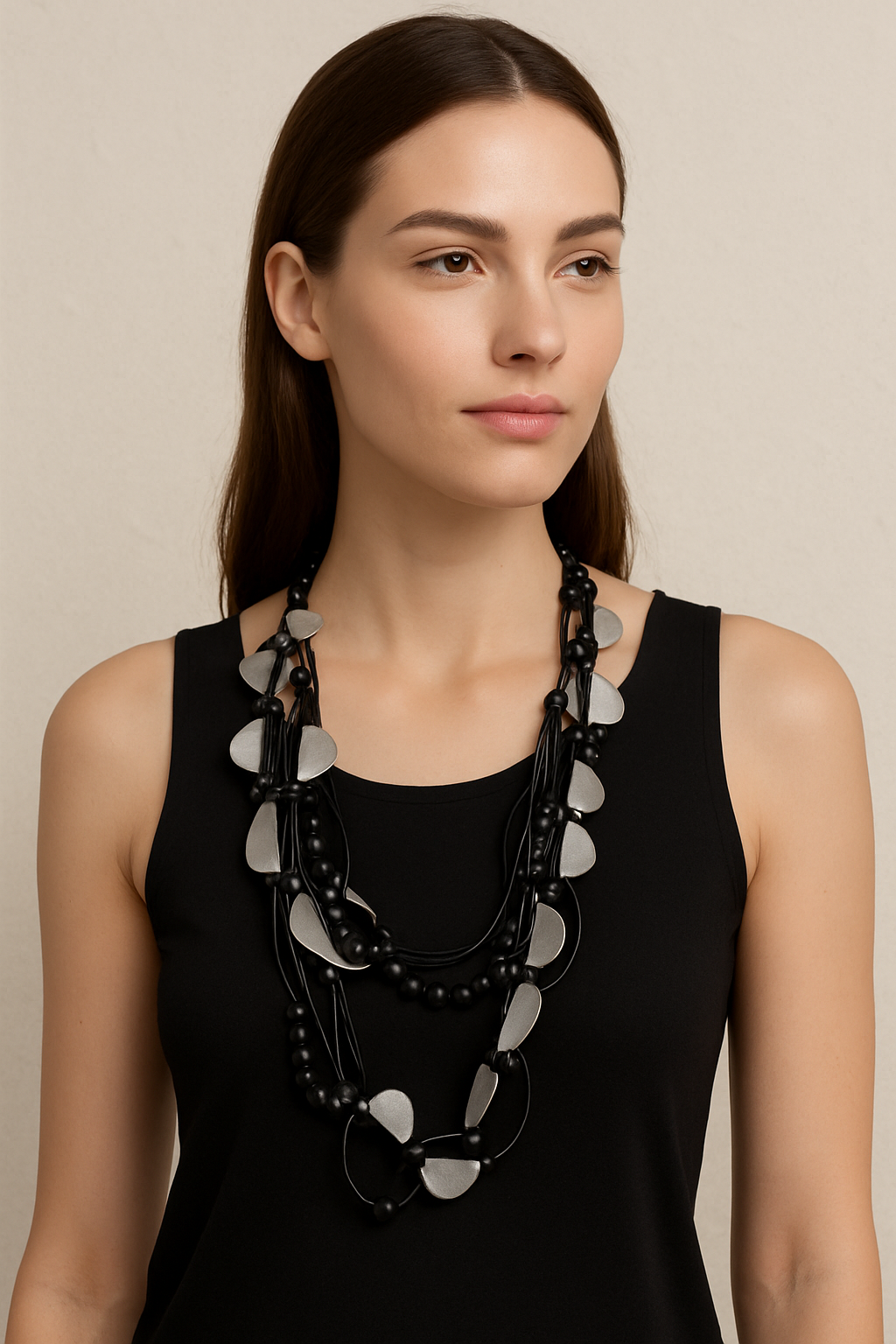 Multi-Strand Black & Silver Abstract Bead Necklace-W124