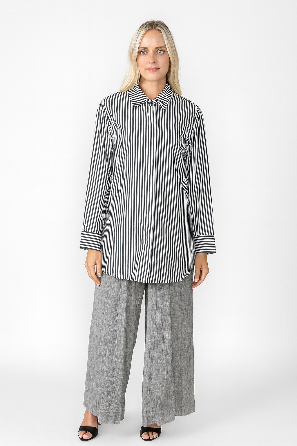 Comfy USA Striped Button Down Blouse-SN523BW