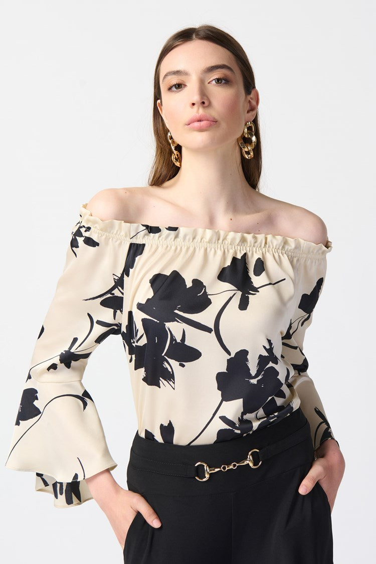 Joseph Ribkoff Floral Satin Off-the-Shoulder Top | Unique Apparel USA