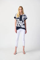 Joseph Ribkoff Leaf Print Woven Top With Knit Back-241032