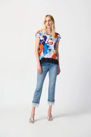 Joseph Ribkoff Vanilla/Multi Face Print Georgette Trapeze Top-JR-241308