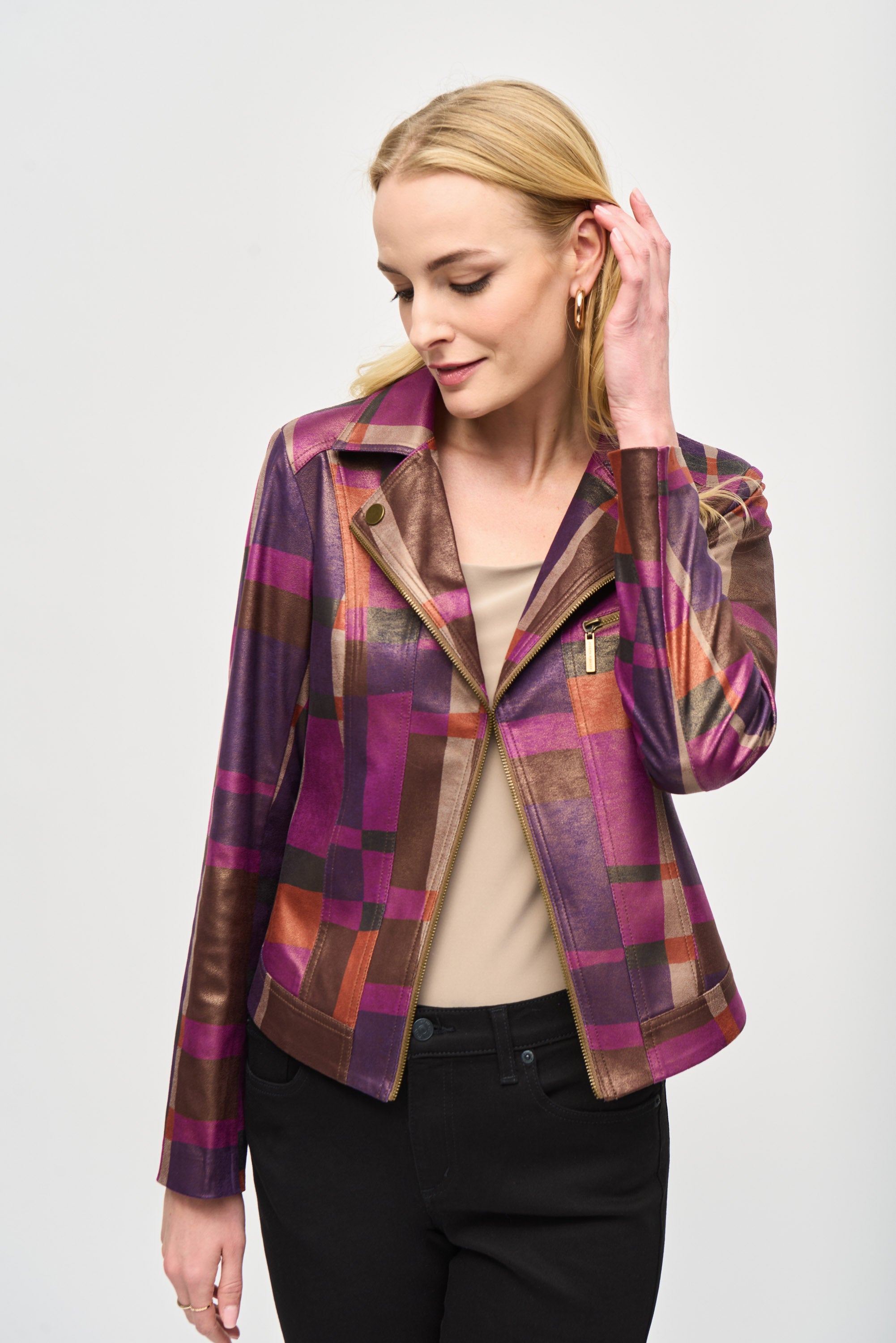 Joseph Ribkoff Foiled Print Faux Suede Jacket-JR Style 243921 | Unique Apparel USA