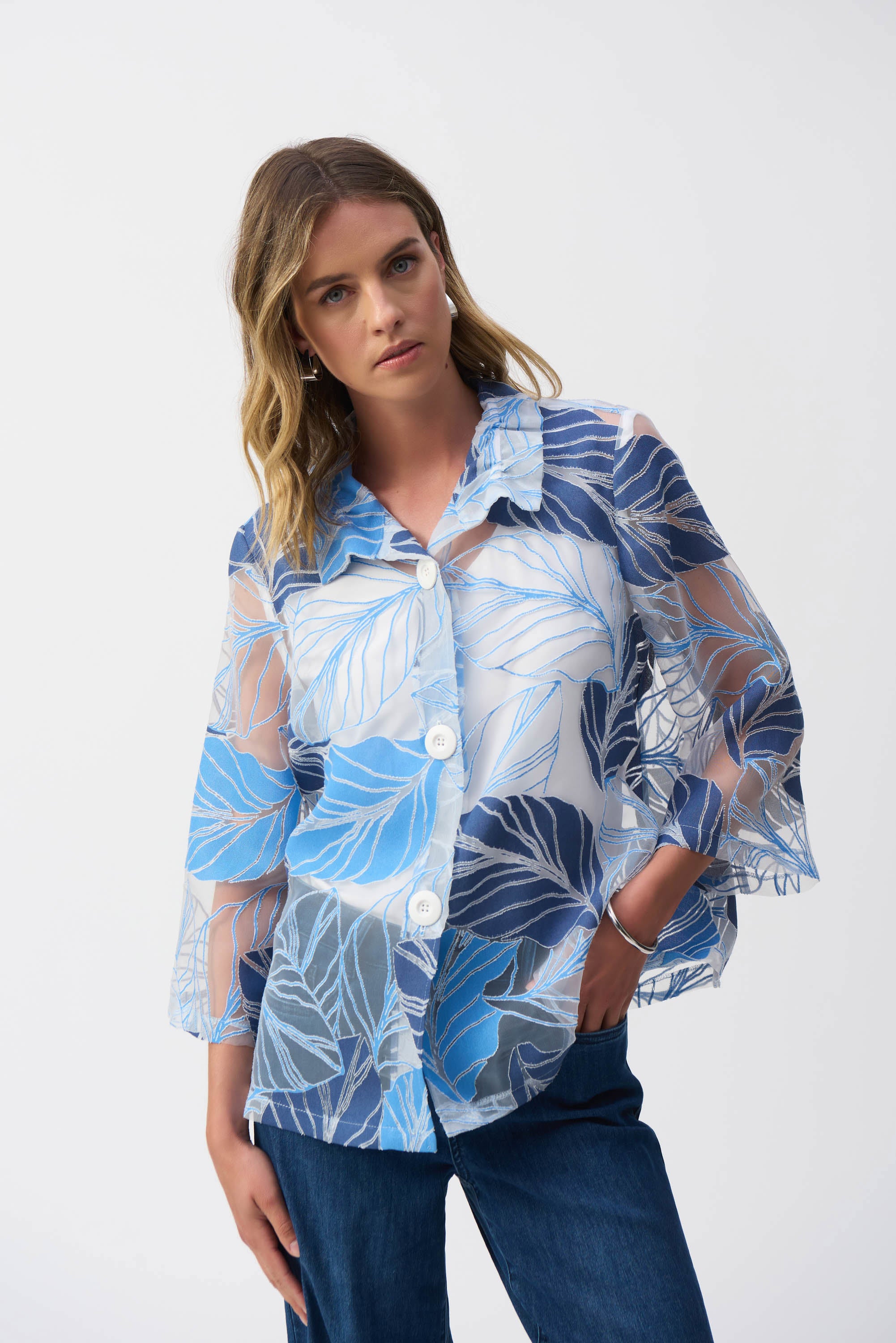 Joseph Ribkoff Novelty Leaf-Print Trapeze Jacket-251135