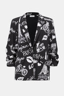 Silky Knit Conversational Print Straight Blazer 252042-Black/Vanilla