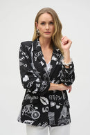 Silky Knit Conversational Print Straight Blazer 252042-Black/Vanilla