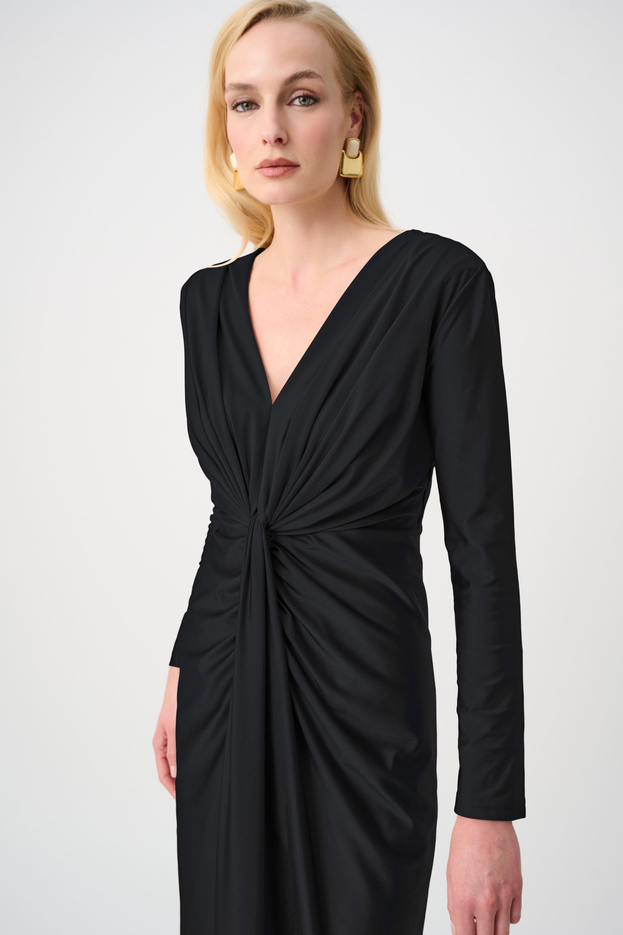 Signature | Satin Effect Knit Draped V-Neck Sheath Dress