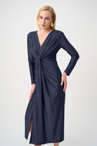 Signature | Satin Effect Knit Draped V-Neck Sheath Dress