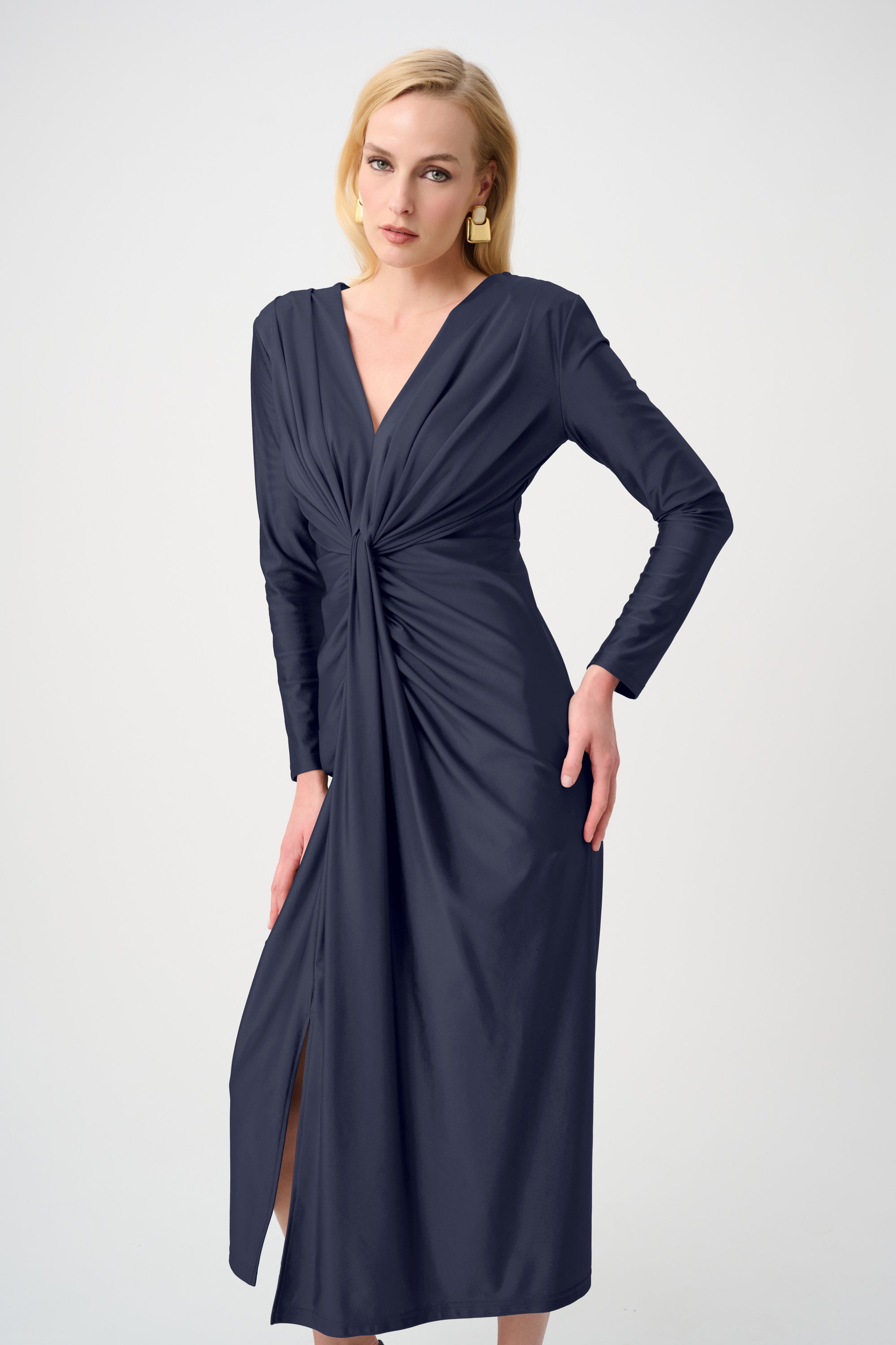 Signature | Satin Effect Knit Draped V-Neck Sheath Dress