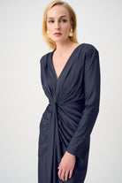 Signature | Satin Effect Knit Draped V-Neck Sheath Dress