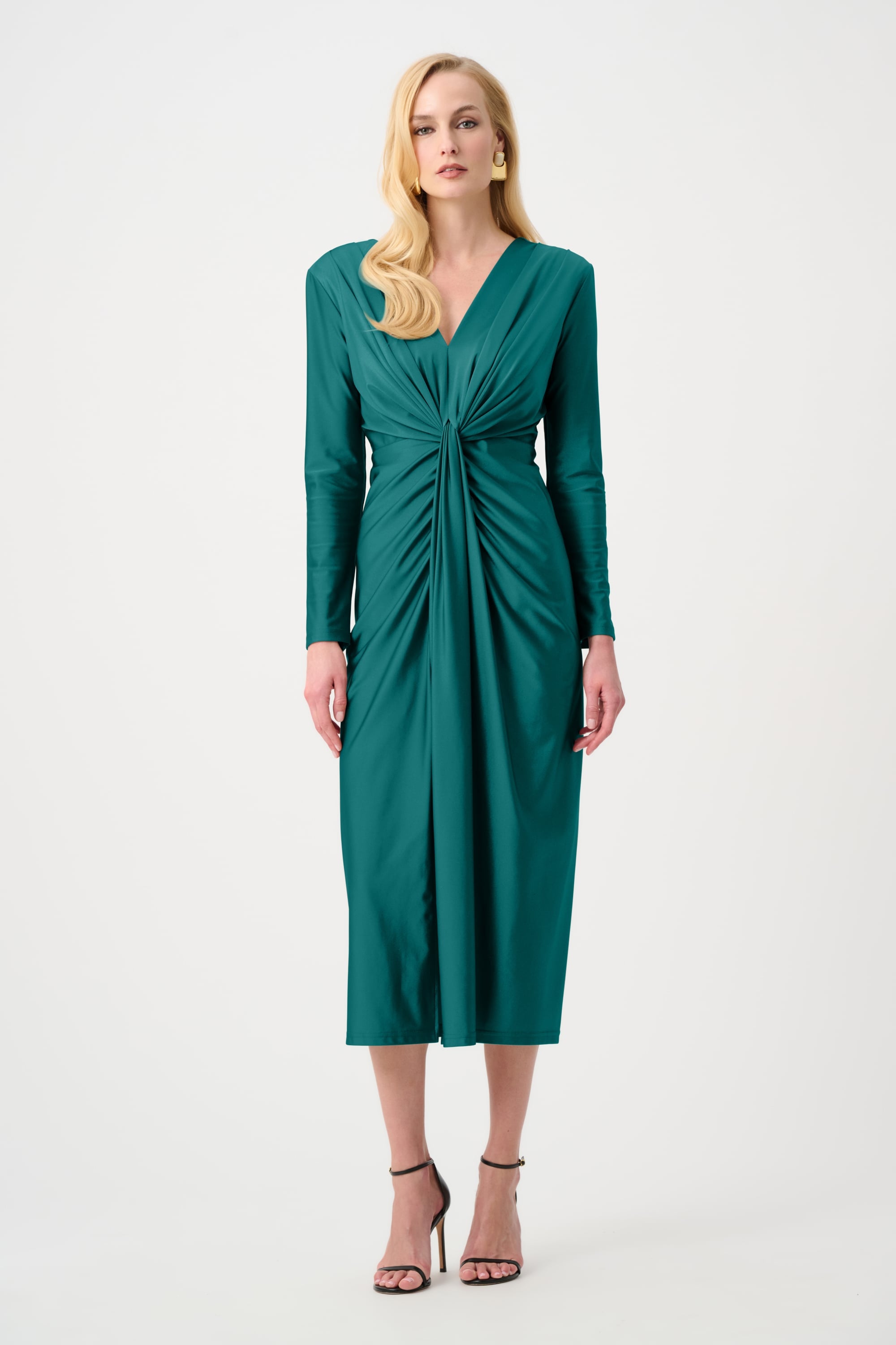 Signature | Satin Effect Knit Draped V-Neck Sheath Dress