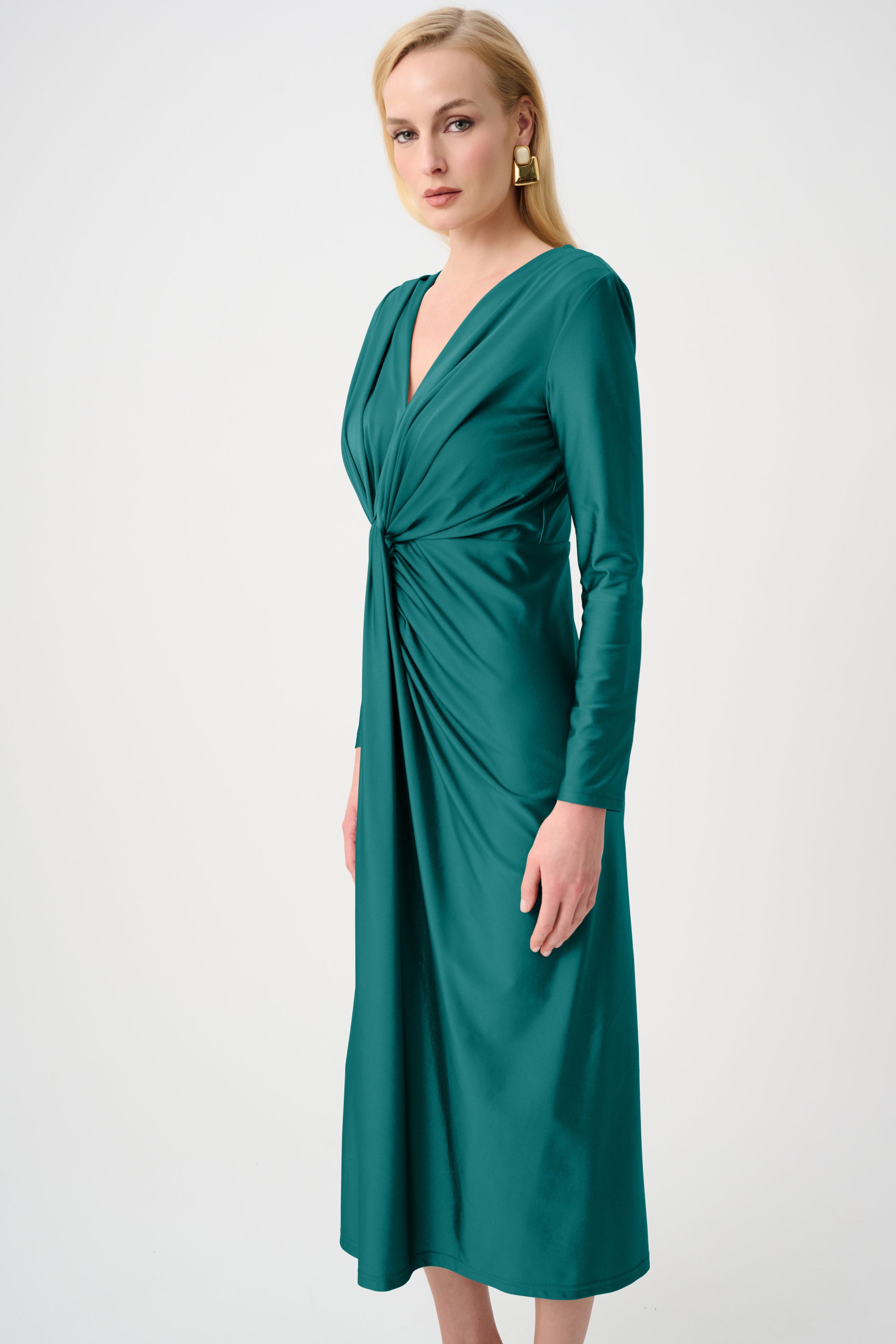 Signature | Satin Effect Knit Draped V-Neck Sheath Dress