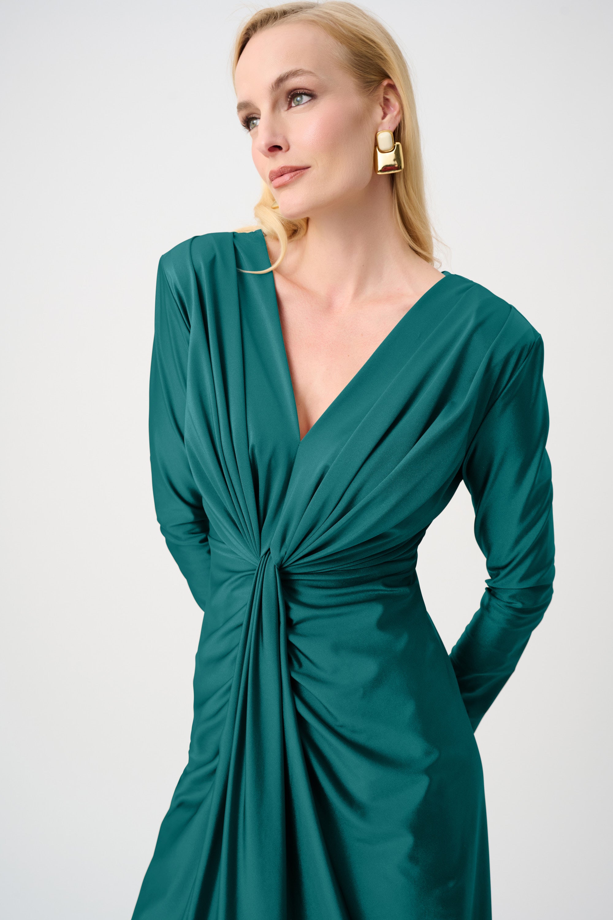 Signature | Satin Effect Knit Draped V-Neck Sheath Dress