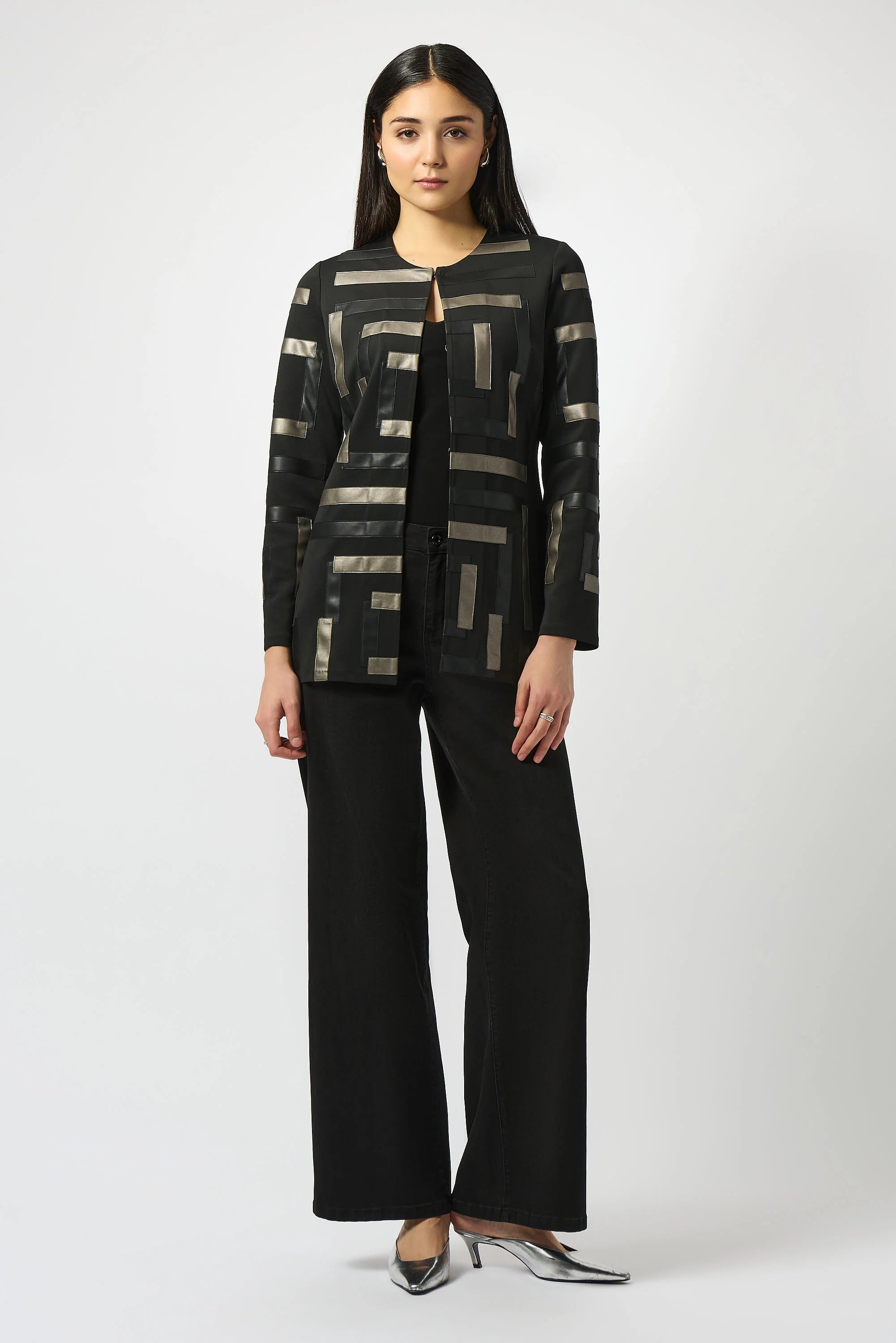 Joseph Ribkoff Scuba & Leatherette Collarless Jacket-253929