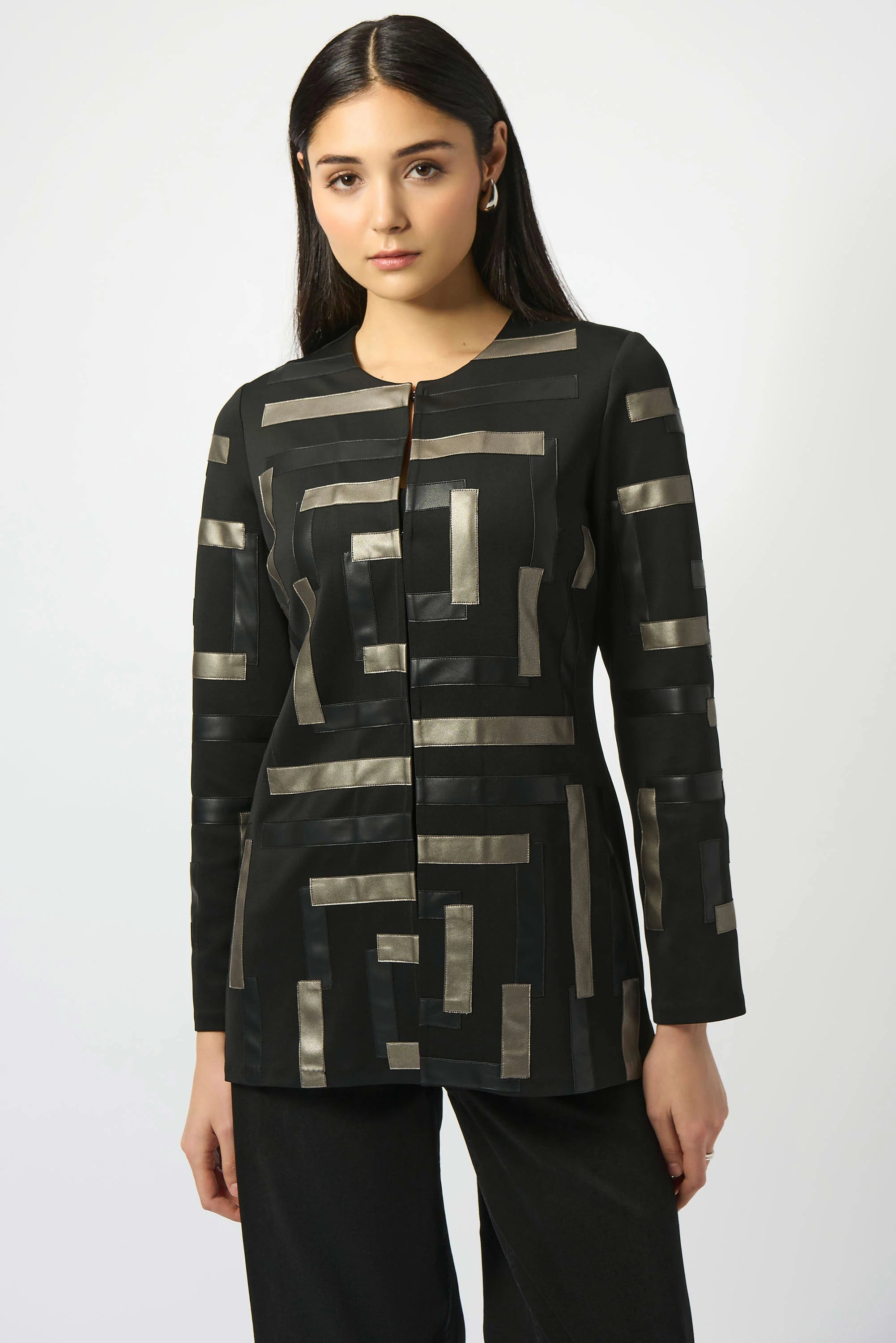 Joseph Ribkoff Scuba & Leatherette Collarless Jacket-253929