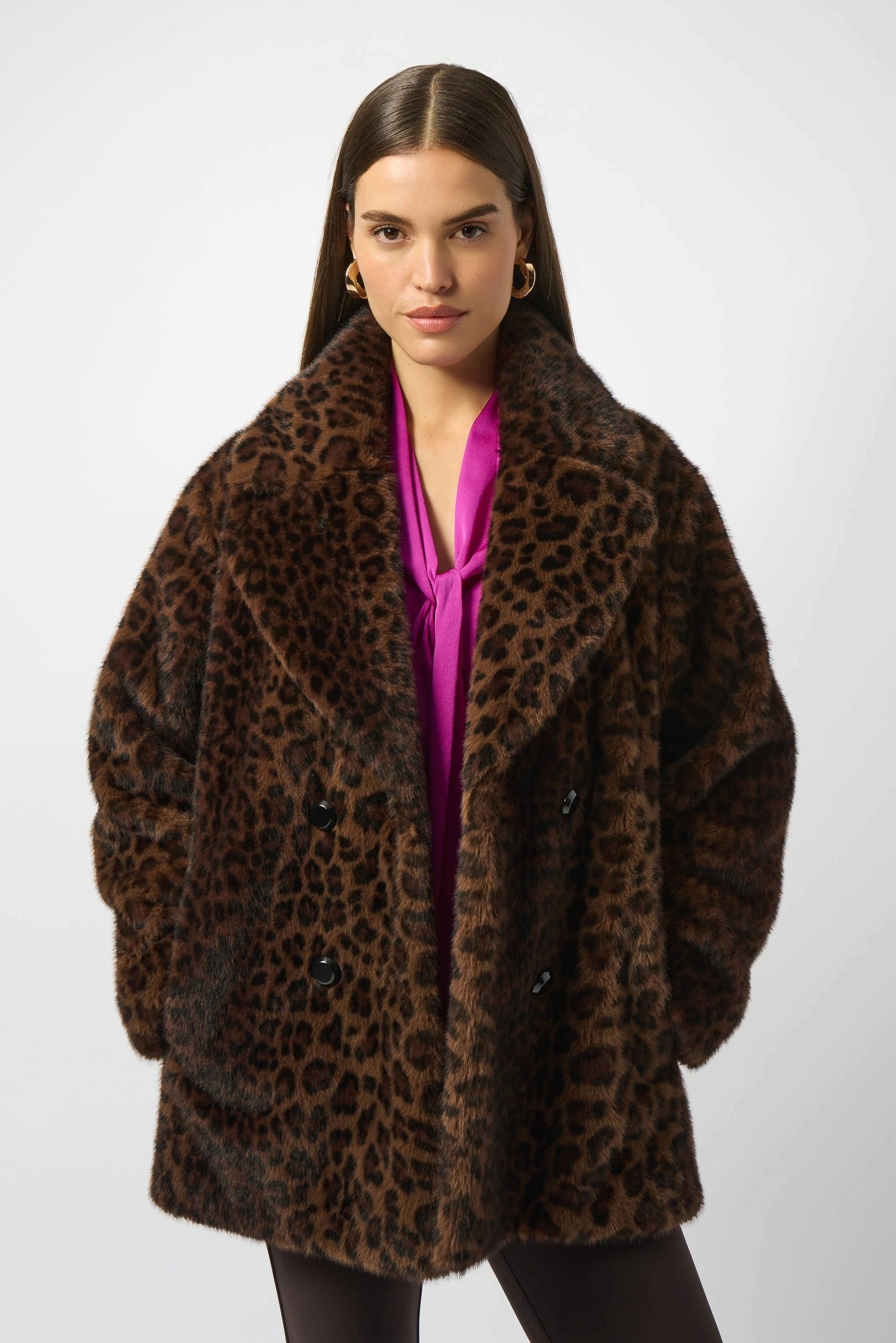 Joseph Ribkoff Faux Fur Leopard Double-Breasted Coat-253937