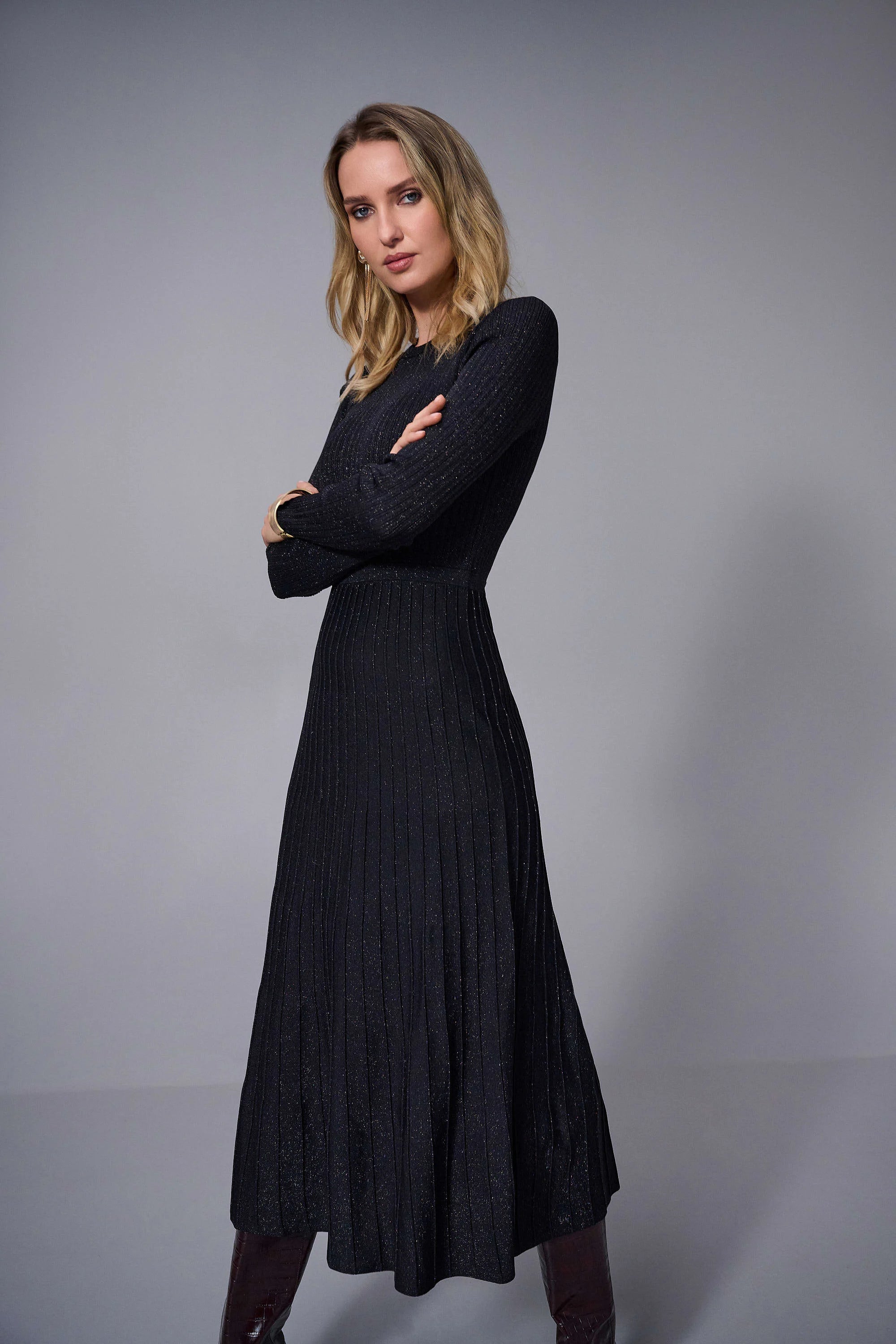 Joseph Ribkoff-Knit Fit and Flare Crew Neck Dress-253987