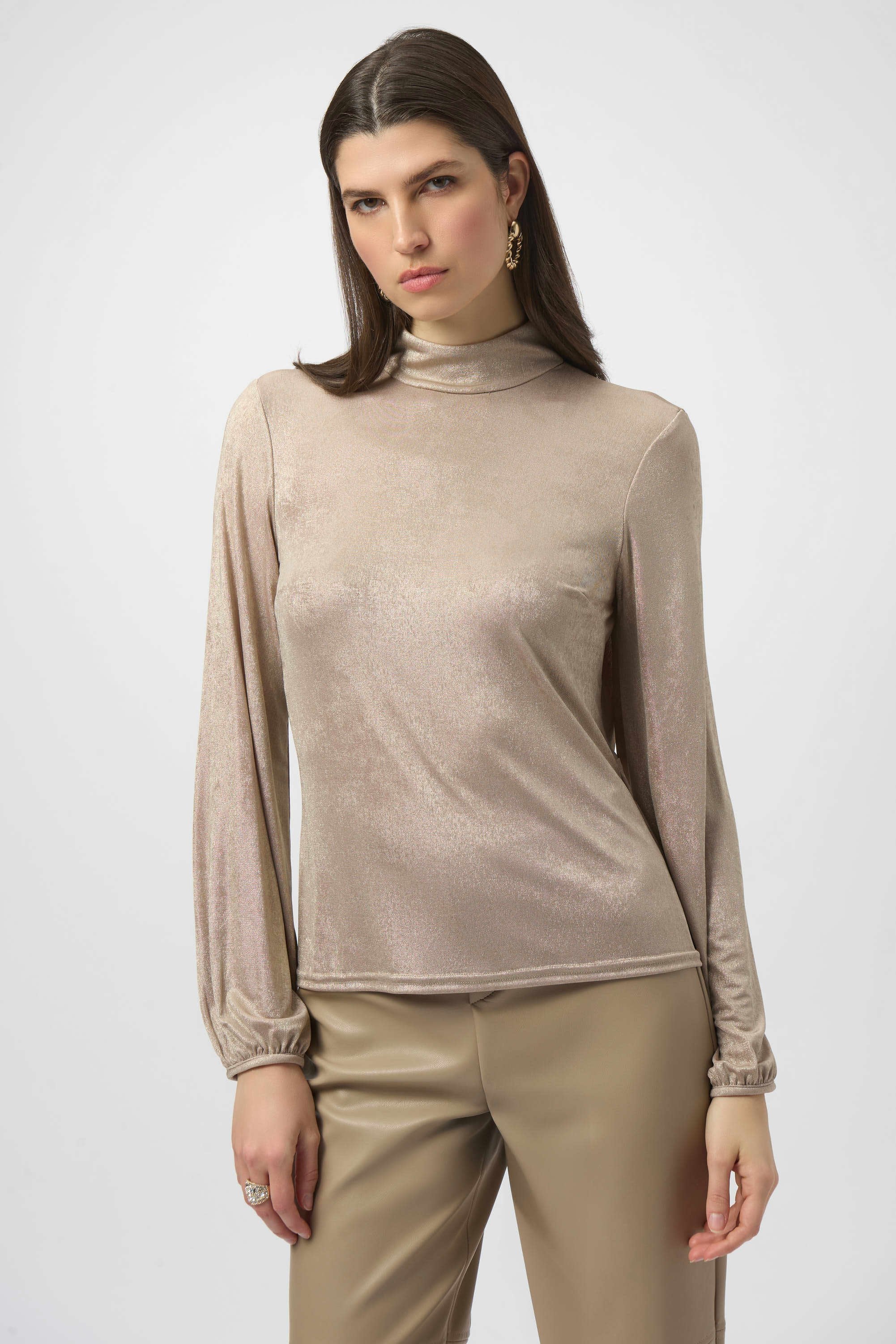 Joseph Ribkoff Foiled Knit Mock Neck Fitted Top-254027