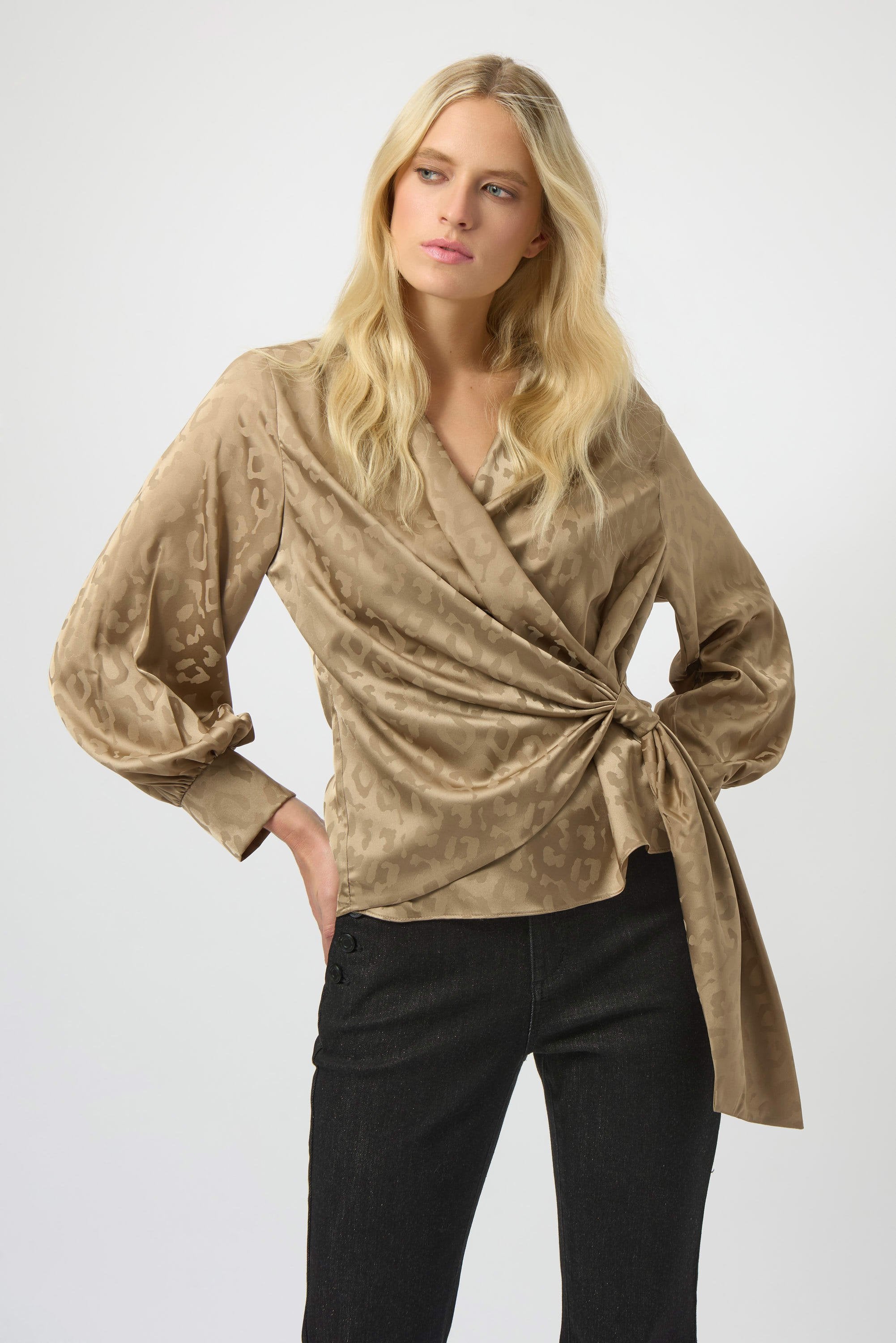 Joseph Ribkoff Jacquard Satin Animal Print Wrap Top 254060