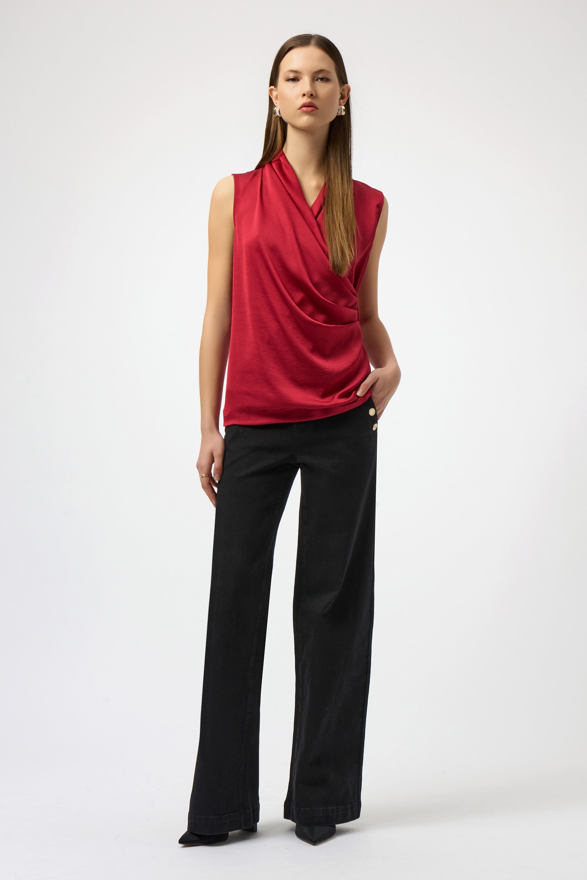 Joseph Ribkoff Recycled Satin & Silky Knit Sleeveless Wrap Top-254215