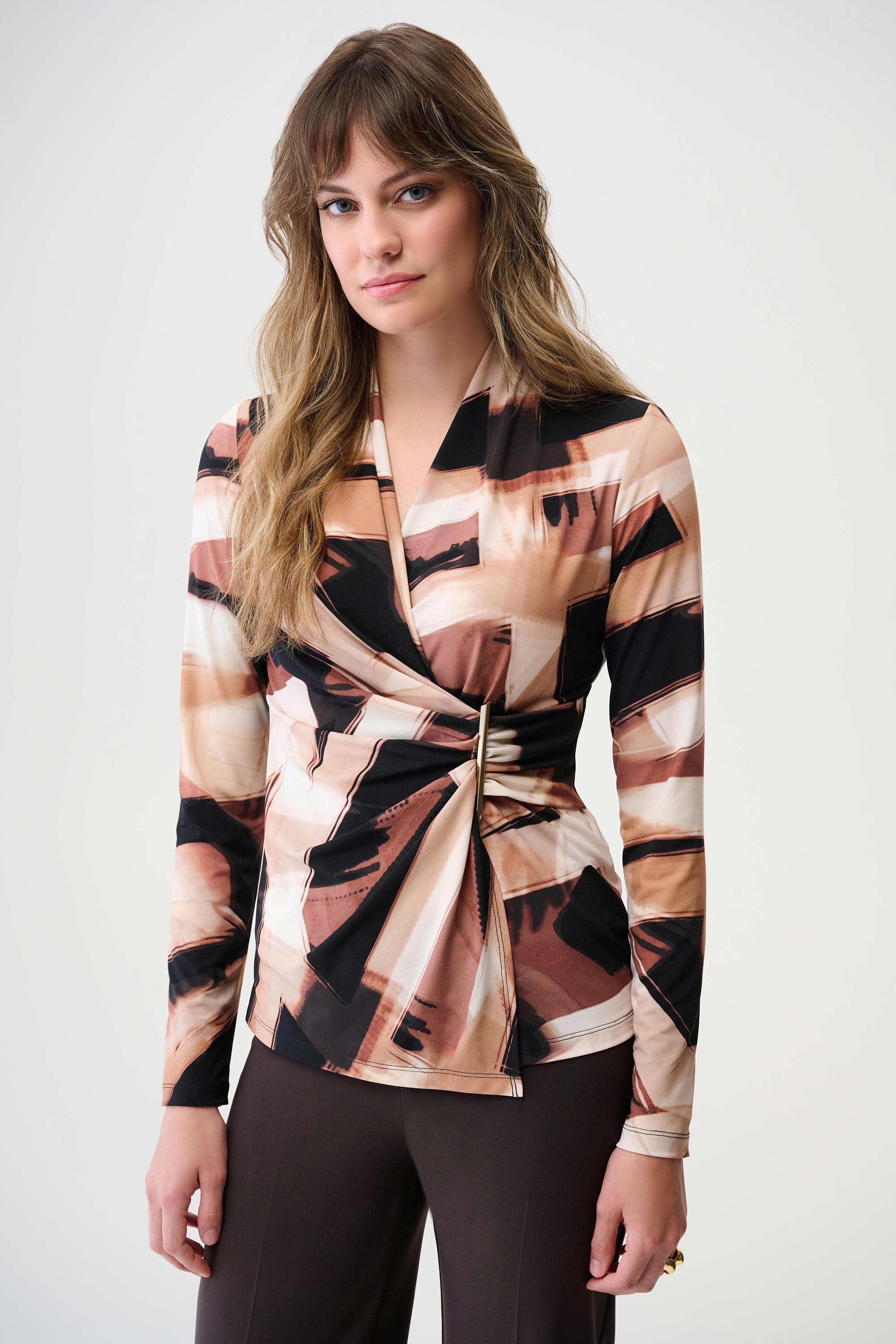 Joseph Ribkoff Silky Knit Abstract Print Fitted Wrap Top-254218